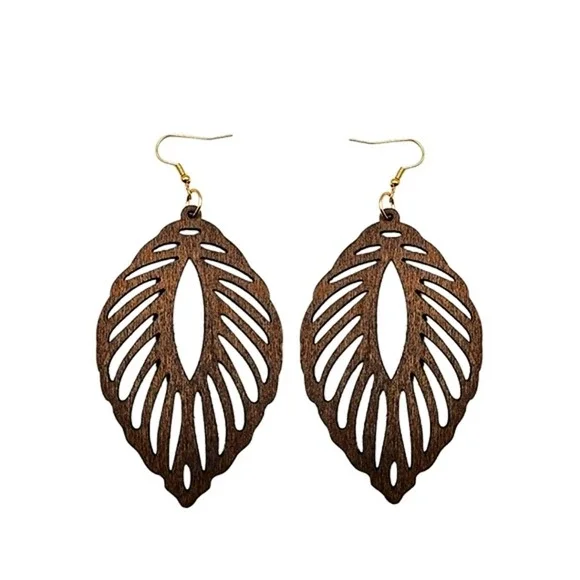 Hollow Leaf Earrings Wood Bohemian Dangle Boho Style Ear Jewelry Brown Gold - Picture 1 of 4